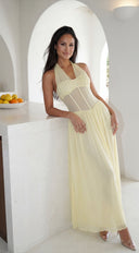 Aurevyn Halter Mesh Maxi Dress in Butter Yellow full length front view on model