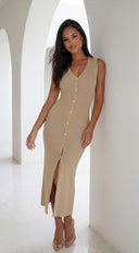 Nela Button Front Ribbed Knit Midi Dress in Beige back view on model