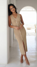 Nela Button Front Ribbed Knit Midi Dress in Beige side profile view on model