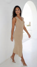 Nela Button Front Ribbed Knit Midi Dress in Beige styled outfit flat lay
