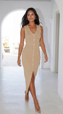 Nela Button Front Ribbed Knit Midi Dress in Beige detail shot of button closure hemline and silhouette detai additional angle