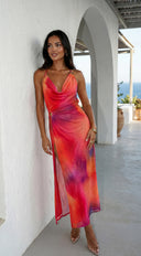 Mireya Ring Mesh Maxi Dress in Orange Multi flat lay product shot texture detail