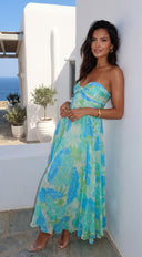 Sola Floral Strapless Maxi Dress in Blue Multi back view on model