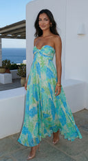 Sola Floral Strapless Maxi Dress in Blue Multi front panel and closure detail