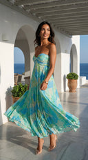 Sola Floral Strapless Maxi Dress in Blue Multi back hemline and length on model