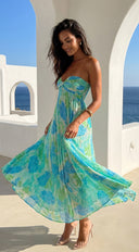 Sola Floral Strapless Maxi Dress in Blue Multi fabric drape close-up hemline and silhouette detail