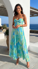 Sola Floral Strapless Maxi Dress in Blue Multi hemline and silhouette detail