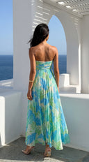 Sola Floral Strapless Maxi Dress in Blue Multi side profile view on model