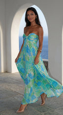 Sola Floral Strapless Maxi Dress in Blue Multi close-up of floral print