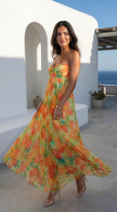 Nayira Floral Pleated Strapless Maxi Dress in Orange Multi hemline and silhouette detail