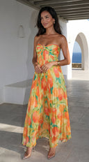 Nayira Floral Pleated Strapless Maxi Dress in Orange Multi close-up of floral print hemline and silhouette d additional angle