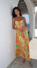 Nayira Floral Pleated Strapless Maxi Dress in Orange Multi fabric drape close-up hemline and silhouette detail