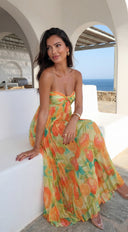 Nayira Floral Pleated Strapless Maxi Dress in Orange Multi close-up of floral print