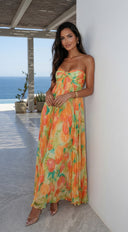 Nayira Floral Pleated Strapless Maxi Dress in Orange Multi back view on model