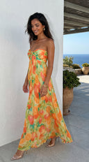 Nayira Floral Pleated Strapless Maxi Dress in Orange Multi full length three-quarter angle