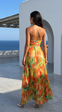 Nayira Floral Pleated Strapless Maxi Dress in Orange Multi stitching and texture close-up hemline and silhouette detail