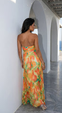 Nayira Floral Pleated Strapless Maxi Dress in Orange Multi close-up of neckline and shoulder detail