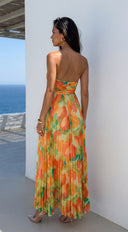Nayira Floral Pleated Strapless Maxi Dress in Orange Multi styled outfit flat lay