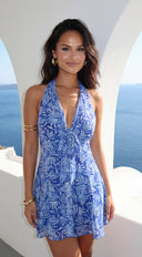 Azira Floral Print Halter Mini Dress in Blue styled outfit flat lay