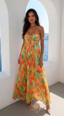 Nayira Floral Pleated Strapless Maxi Dress in Orange Multi full length front view on model