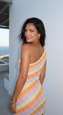 Isola One Shoulder Textured Mini Dress – Orange Multi stitching and texture close-up hemline and silhouette  additional angle
