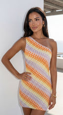 Isola One Shoulder Textured Mini Dress – Orange Multi stitching and texture close-up hemline and silhouette detail