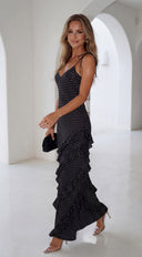 Olivara Polka Dot Ruffle Maxi Dress in Black back view on model