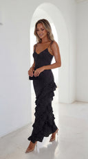Olivara Polka Dot Ruffle Maxi Dress in Black side profile view on model