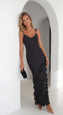 Olivara Polka Dot Ruffle Maxi Dress in Black close-up of fabric and construction