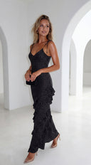 Olivara Polka Dot Ruffle Maxi Dress in Black hemline and silhouette detail
