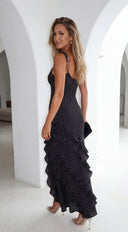 Olivara Polka Dot Ruffle Maxi Dress in Black close-up of neckline and shoulder detail