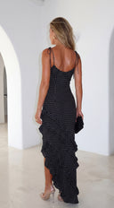 Olivara Polka Dot Ruffle Maxi Dress in Black stitching and texture close-up hemline and silhouette detail