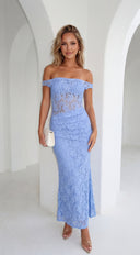 Roselune Lace Off Shoulder Dress in Blue close-up of lace detailing