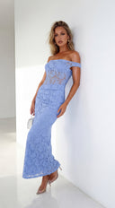 Roselune Lace Off Shoulder Dress in Blue back view on model