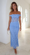 Roselune Lace Off Shoulder Dress in Blue full length front view on model