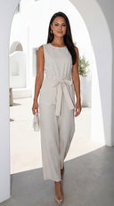 Zaylina Linen Waist Tie Jumpsuit in Natural Beige back view on model