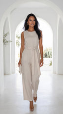 Zaylina Linen Waist Tie Jumpsuit in Natural Beige close-up of neckline and shoulder detail