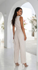 Zaylina Linen Waist Tie Jumpsuit in Natural Beige close-up of fabric and construction