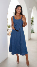 Denira Denim Midi Dress in Blue close-up of denim fabric