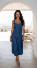 Denira Denim Midi Dress in Blue hemline and silhouette detail