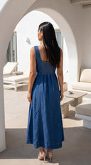 Denira Denim Midi Dress in Blue close-up of neckline and shoulder detail