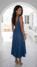 Denira Denim Midi Dress in Blue full length three-quarter angle