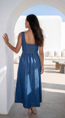 Denira Denim Midi Dress in Blue fabric drape close-up hemline and silhouette detail