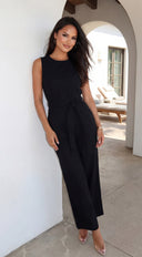 Zaylina Linen Waist Tie Jumpsuit in Black close-up of fabric and construction