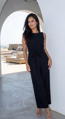 Zaylina Linen Waist Tie Jumpsuit in Black front panel and closure detail