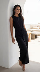 Zaylina Linen Waist Tie Jumpsuit in Black styled outfit flat lay