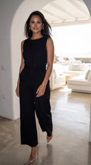 Zaylina Linen Waist Tie Jumpsuit in Black styled look from behind