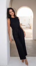 Zaylina Linen Waist Tie Jumpsuit in Black embellishment and trim close-up