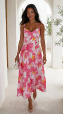 Lunaya Floral Midi Dress in Pink Multi full length front view on model