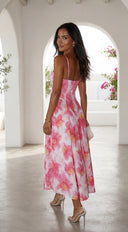Lunaya Floral Midi Dress in Pink Multi hemline and silhouette detail